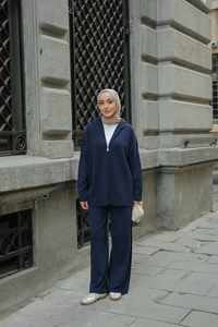 Kendinden Desenli Triko Takım Lacivert