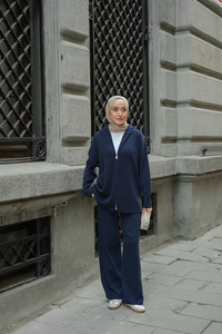 Kendinden Desenli Triko Takım Lacivert