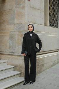 Kendinden Desenli Triko Takım Siyah