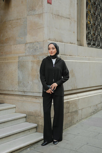 Kendinden Desenli Triko Takım Siyah