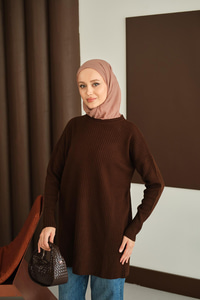 Kendinden Desenli Triko Tunik Kahverengi