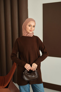 Kendinden Desenli Triko Tunik Kahverengi