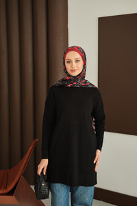 Kendinden Desenli Triko Tunik Siyah