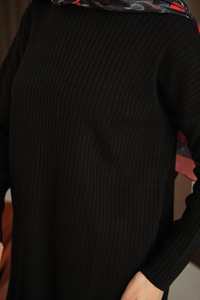 Kendinden Desenli Triko Tunik Siyah