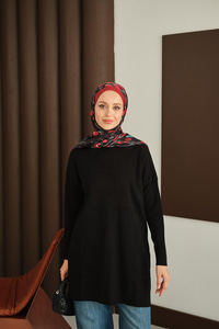 Kendinden Desenli Triko Tunik Siyah