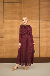 Kendinden Desenli Tül Detay Beli Lastikli Elbise Bordo