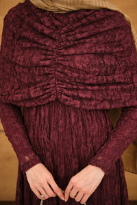 Kendinden Desenli Tül Detay Beli Lastikli Elbise Bordo