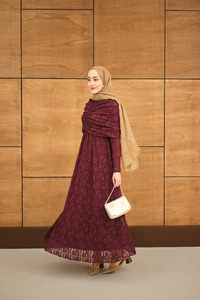 Kendinden Desenli Tül Detay Beli Lastikli Elbise Bordo