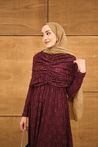 Kendinden Desenli Tül Detay Beli Lastikli Elbise Bordo