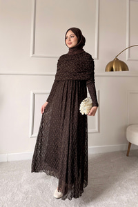 Kendinden Desenli Tül Detay Beli Lastikli Elbise Kahverengi