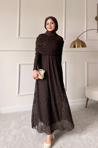 Kendinden Desenli Tül Detay Beli Lastikli Elbise Kahverengi