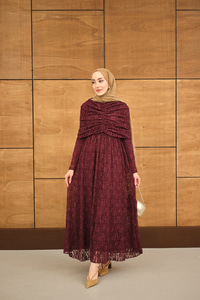 Kendinden Desenli Tül Detay Beli Lastikli Elbise Bordo