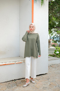 Kendinden Desenli Tunik Haki Yeşil