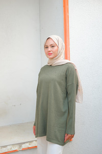 Kendinden Desenli Tunik Haki Yeşil