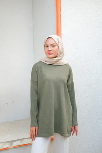 Kendinden Desenli Tunik Haki Yeşil