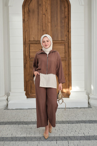 Kendinden Desenli Üçlü Takım Kahverengi