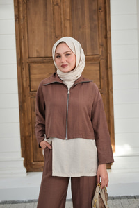 Kendinden Desenli Üçlü Takım Kahverengi