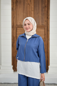 Kendinden Desenli Üçlü Takım Mavi