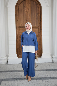 Kendinden Desenli Üçlü Takım Mavi