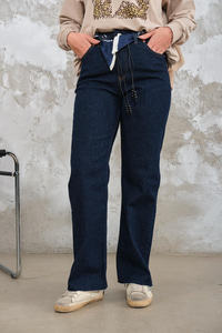 Kesik Paça Fular Detaylı Pantolon Lacivert