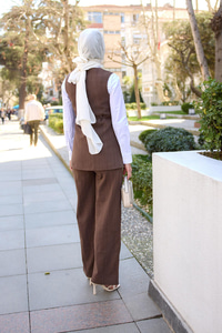 Keten Sıfır Kol İkili Takım Kahverengi