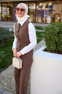 Keten Sıfır Kol İkili Takım Kahverengi