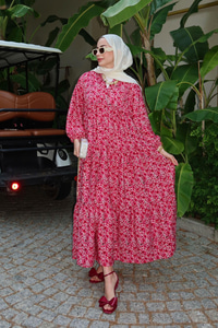 Kır Bahçesi Desen Elbise Fuşya