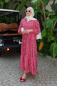 Kır Bahçesi Desen Elbise Fuşya