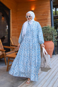 Kır Bahçesi Desen Elbise Mavi