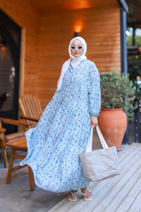 Kır Bahçesi Desen Elbise Mavi