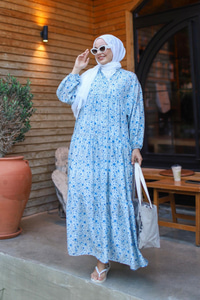 Kır Bahçesi Desen Elbise Mavi