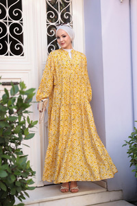 Kır Bahçesi Desen Elbise Sarı