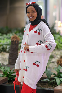 Uygun Fiyatlı KIRAZ DESEN TRIKO HIRKA BEYAZ | Loccomoda.com 