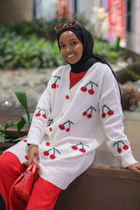 Uygun Fiyatlı KIRAZ DESEN TRIKO HIRKA BEYAZ | Loccomoda.com 