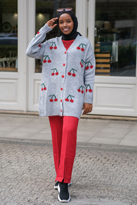 Uygun Fiyatlı KIRAZ DESEN TRIKO HIRKA GRI | Loccomoda.com 