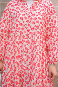 Kiraz Ve Çicek Desenli Elbise Kırmızı