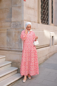 Kiraz Ve Çicek Desenli Elbise Kırmızı