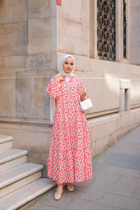 Kiraz Ve Çicek Desenli Elbise Kırmızı