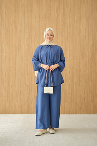 Kırışık Desen Bel Bağlamalı Gömlek Yaka Takım Saks Mavi