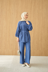 Kırışık Desen Bel Bağlamalı Gömlek Yaka Takım Saks Mavi