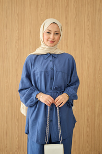 Kırışık Desen Bel Bağlamalı Gömlek Yaka Takım Saks Mavi