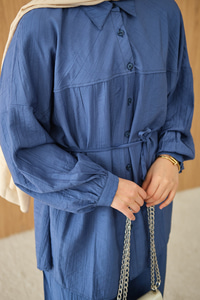 Kırışık Desen Bel Bağlamalı Gömlek Yaka Takım Saks Mavi