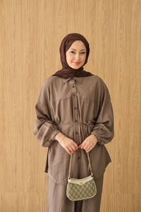 Kırışık Desen Bel Bağlamalı Gömlek Yaka Takım Kahverengi