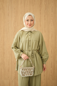 Kırışık Desen Bel Bağlamalı Gömlek Yaka Takım Yeşil