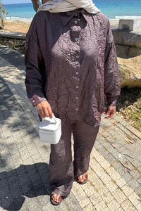 Kırışık Kumaş Takım Bordo