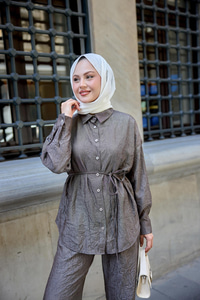 Kırışık Kumaş Takım Kahverengi