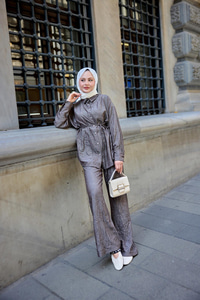 Kırışık Kumaş Takım Kahverengi