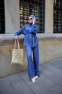 Kırışık Kumaş Takım Lacivert