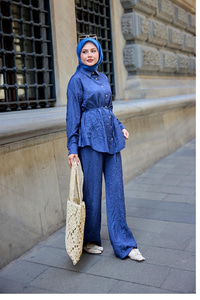 Kırışık Kumaş Takım Lacivert