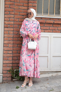 Kırlangıç Desenli Elbise Fuşya